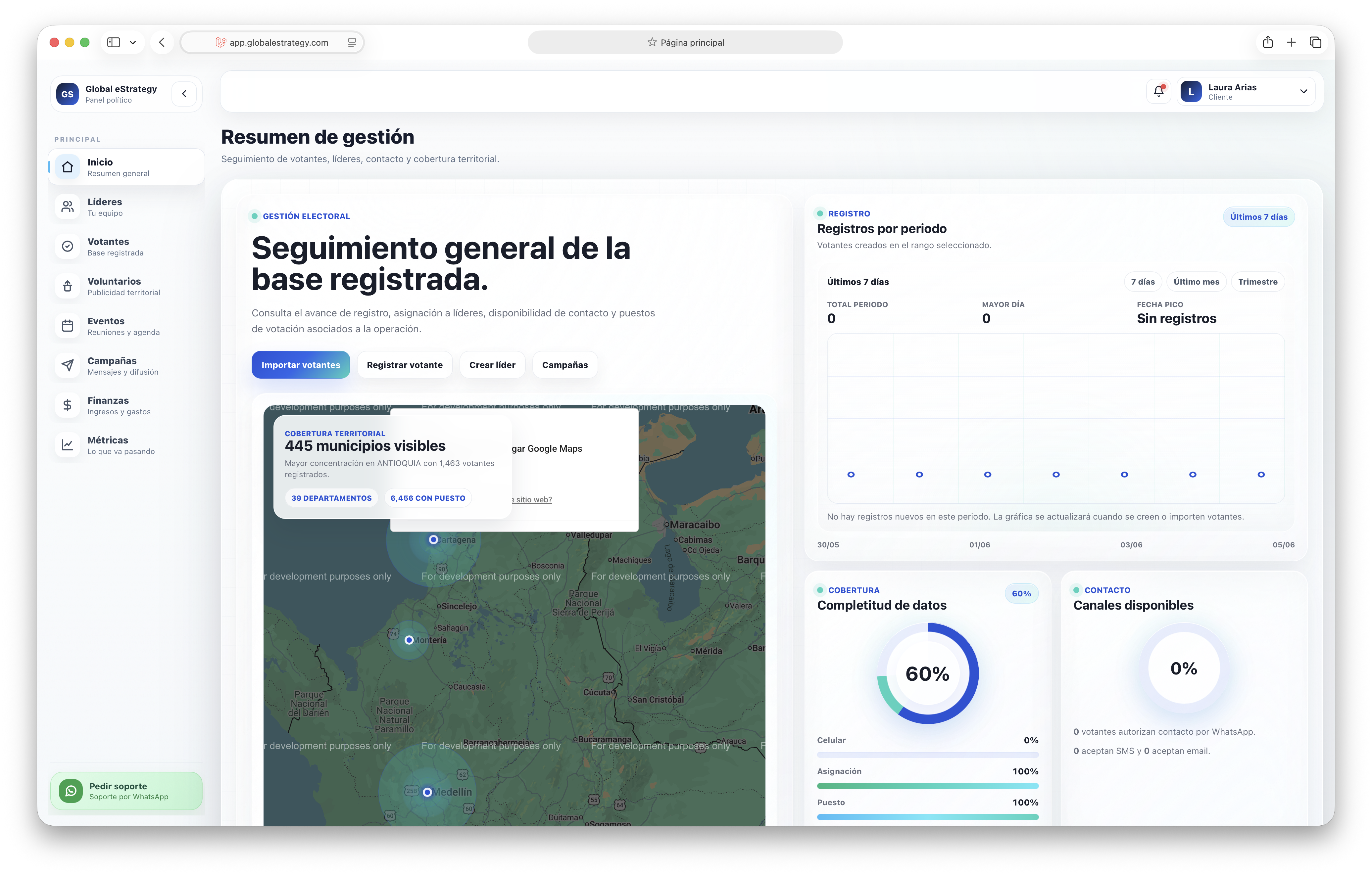Panel principal con mapa territorial, registros y cobertura de datos
